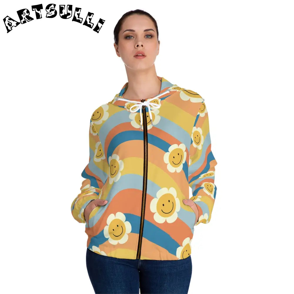 JAKKOUTTHEBXX Groovy Daisy Stripe Womens Zip Hoodie 2025