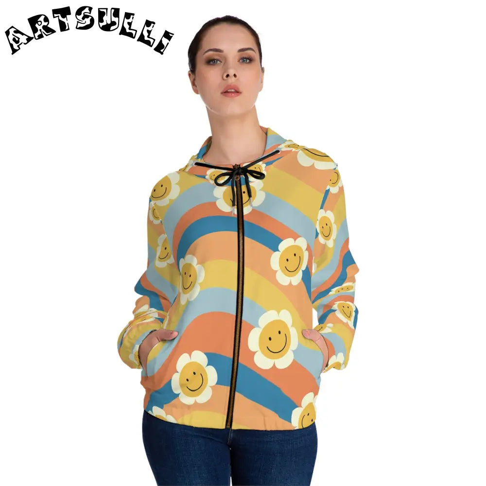 JAKKOUTTHEBXX Groovy Daisy Stripe Womens Zip Hoodie 2025