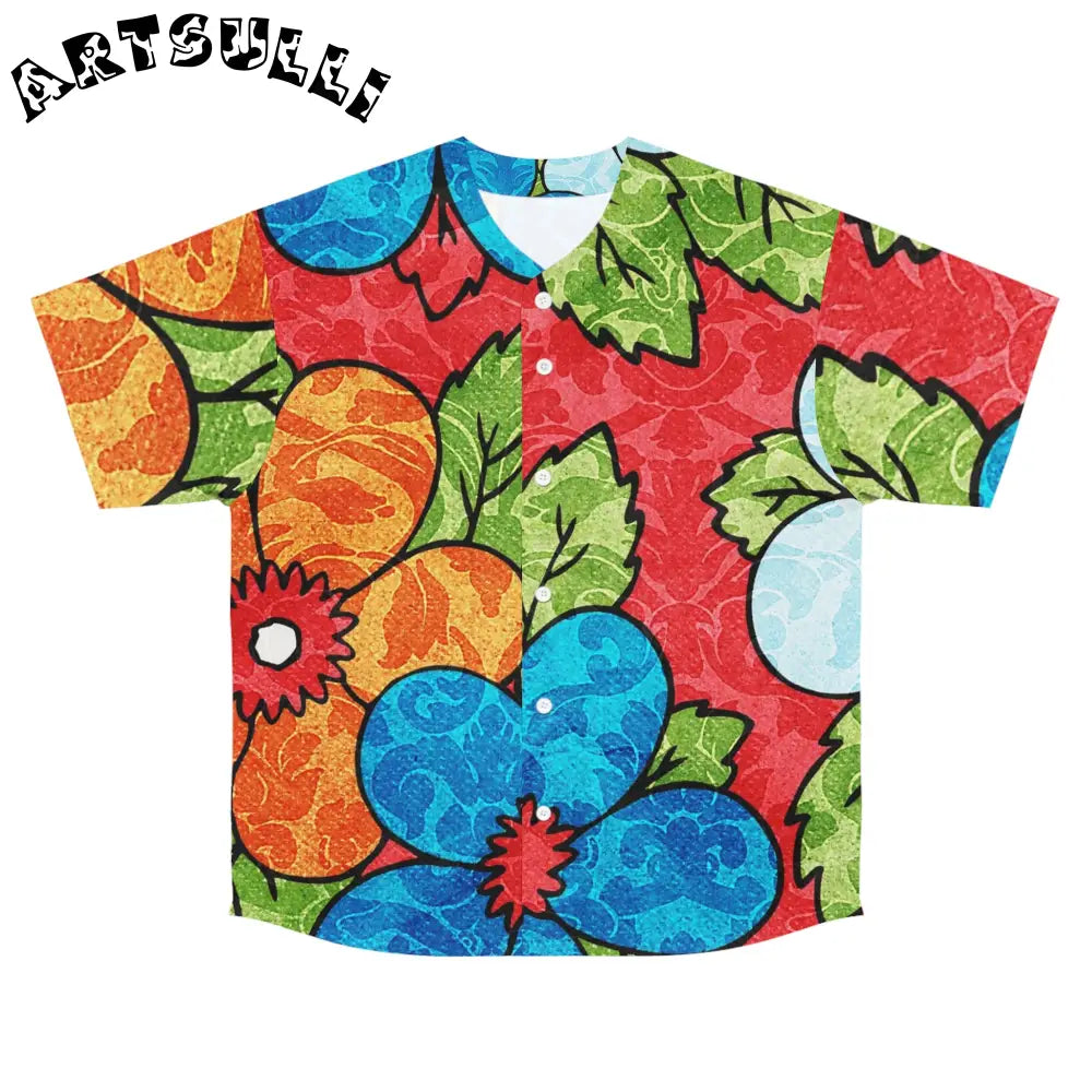 Groovy Red Floral Baseball Jersey, Artsulli - Art is Long, Life is Short, All Over Prints, Size, S, Color, Seam thread color automatically matched to design, , , 13191827876890788097