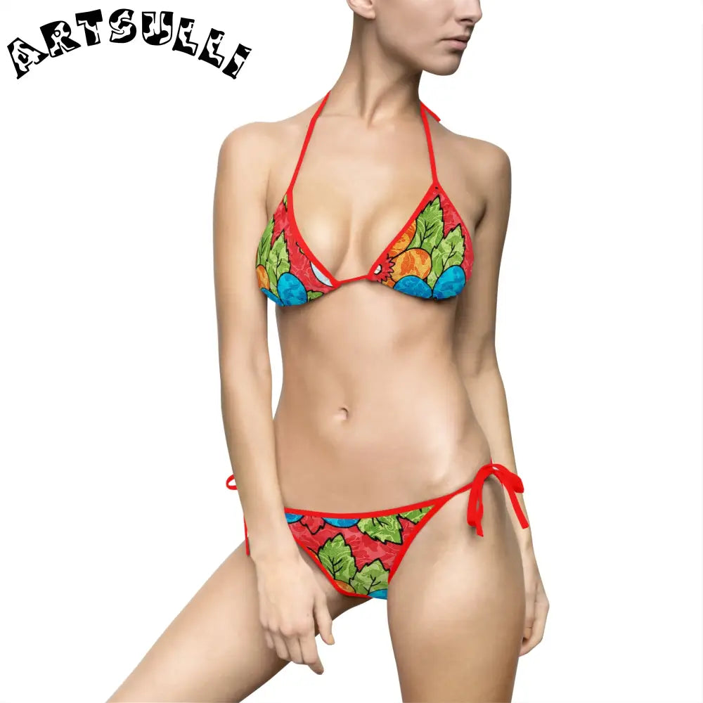 Groovy Red Floral Bikini Swimsuit, Artsulli - Art is Long, Life is Short, All Over Prints, Size, S, Color, Red, , , 10590059185711104594