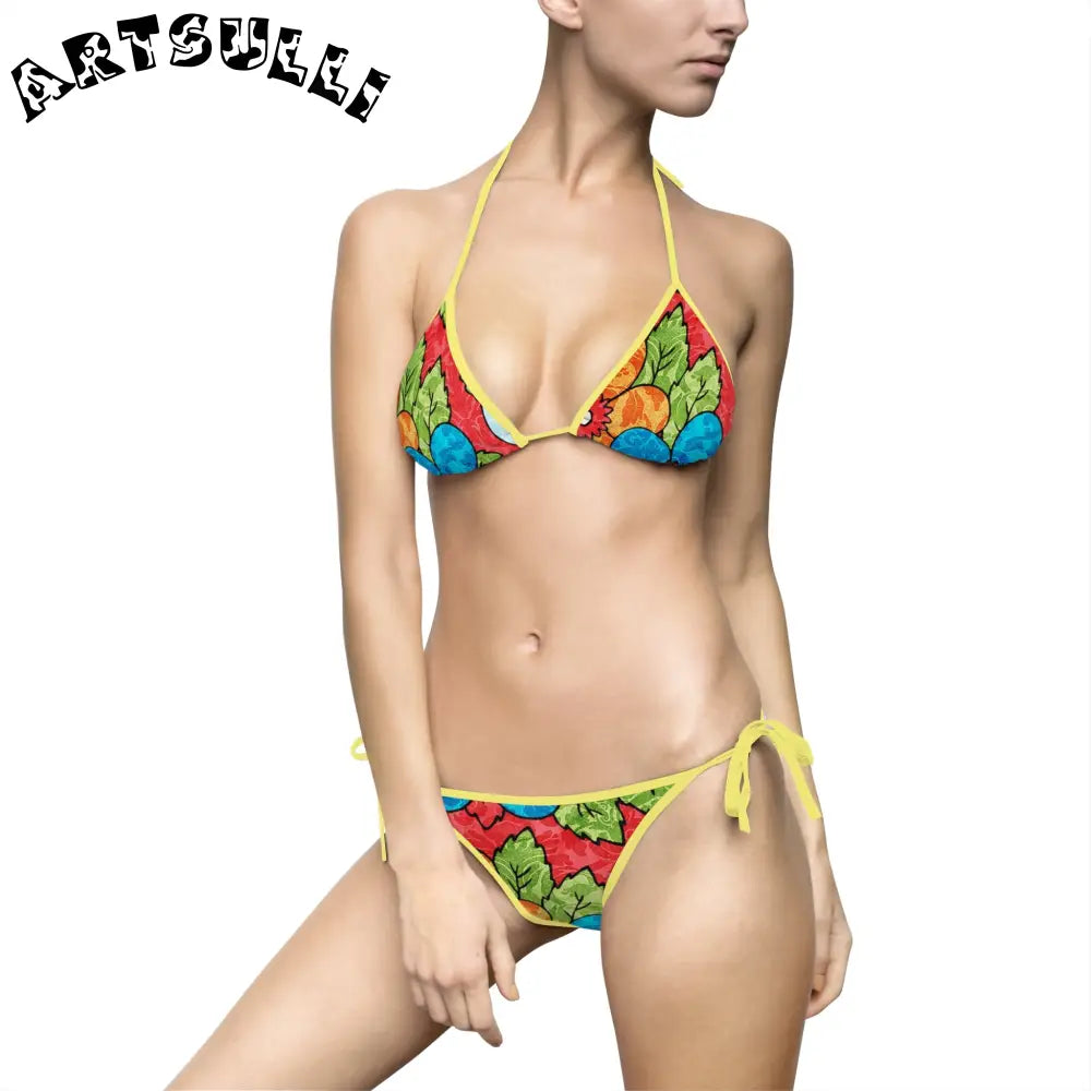 Groovy Red Floral Bikini Swimsuit, Artsulli - Art is Long, Life is Short, All Over Prints, Size, S, Color, Yellow, , , 10655261405245888022