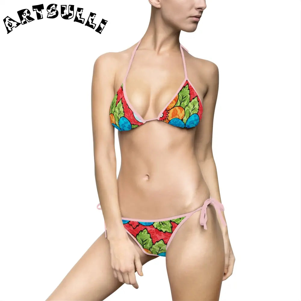 Groovy Red Floral Bikini Swimsuit, Artsulli - Art is Long, Life is Short, All Over Prints, Size, S, Color, Light Pink, , , 19166001505159068176
