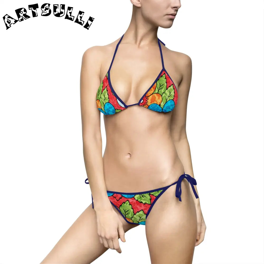 Groovy Red Floral Bikini Swimsuit, Artsulli - Art is Long, Life is Short, All Over Prints, Size, S, Color, Navy, , , 14374578919019545648