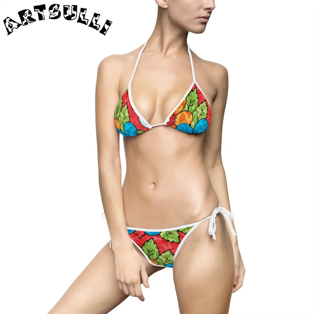 Groovy Red Floral Bikini Swimsuit, Artsulli - Art is Long, Life is Short, All Over Prints, Size, S, Color, White, , , 16415987021243112176