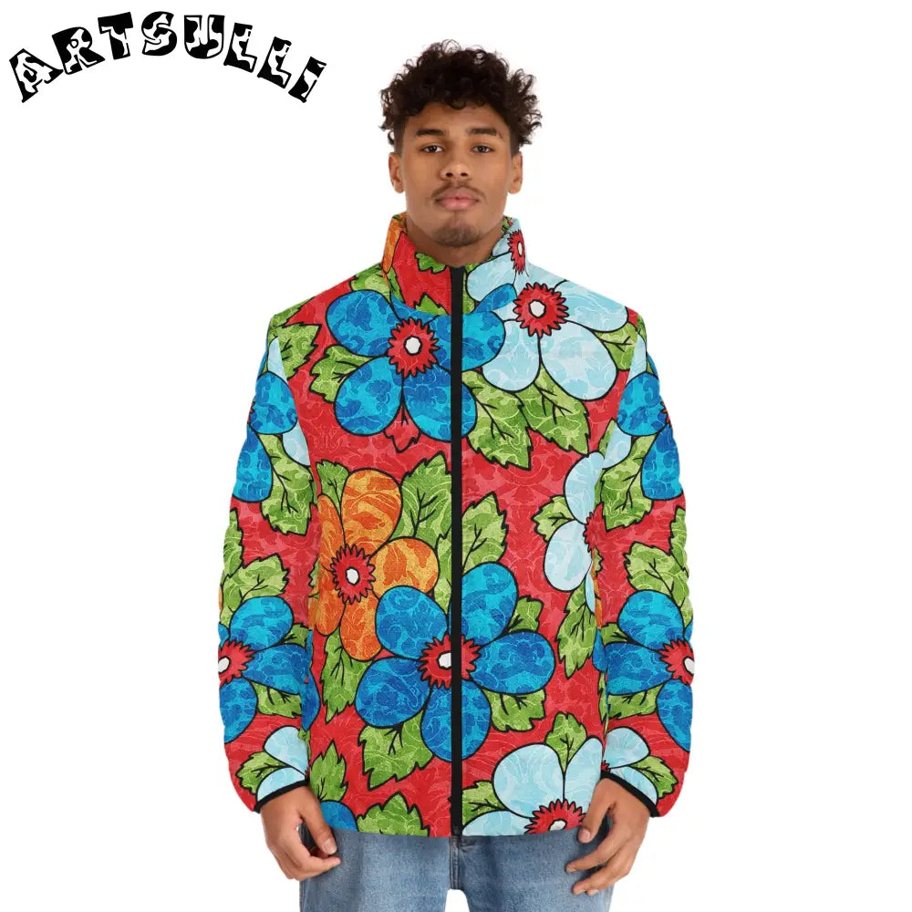 Groovy Red Floral Puffer Jacket, Artsulli - Art is Long, Life is Short, All Over Prints, , , , , , , 