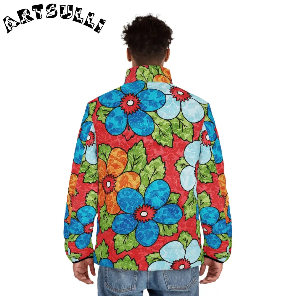 Groovy Red Floral Puffer Jacket, Artsulli - Art is Long, Life is Short, All Over Prints, , , , , , , 