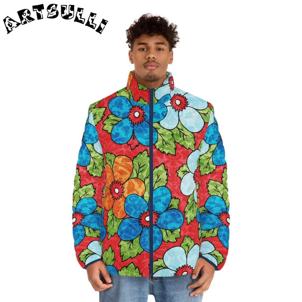Groovy Red Floral Puffer Jacket, Artsulli - Art is Long, Life is Short, All Over Prints, , , , , , , 