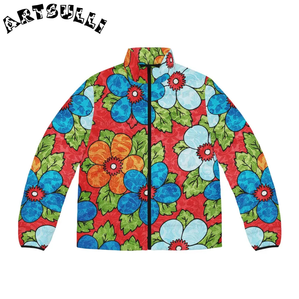 Groovy Red Floral Puffer Jacket, Artsulli - Art is Long, Life is Short, All Over Prints, Size, S, Color, Black zipper, , , 61872696491486382468
