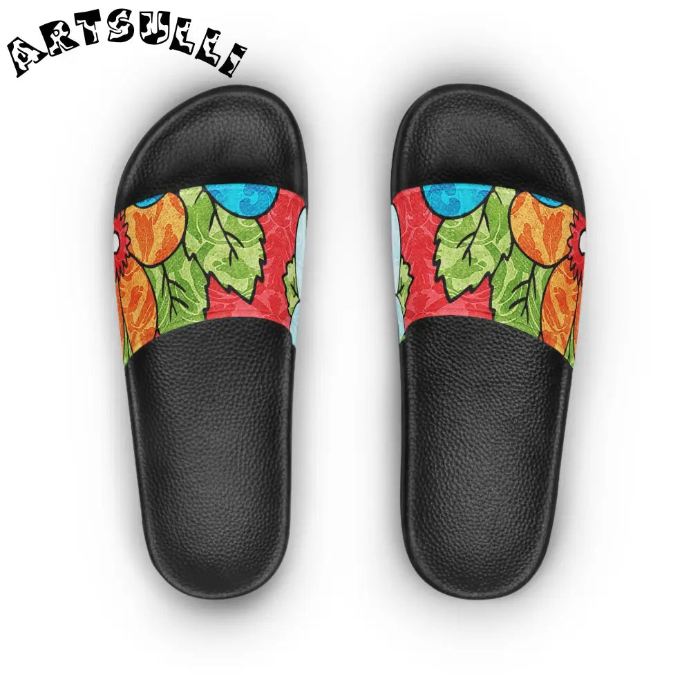 Groovy Red Floral Women's Slide Sandals, Artsulli - Art is Long, Life is Short, Shoes, , , , , , , 
