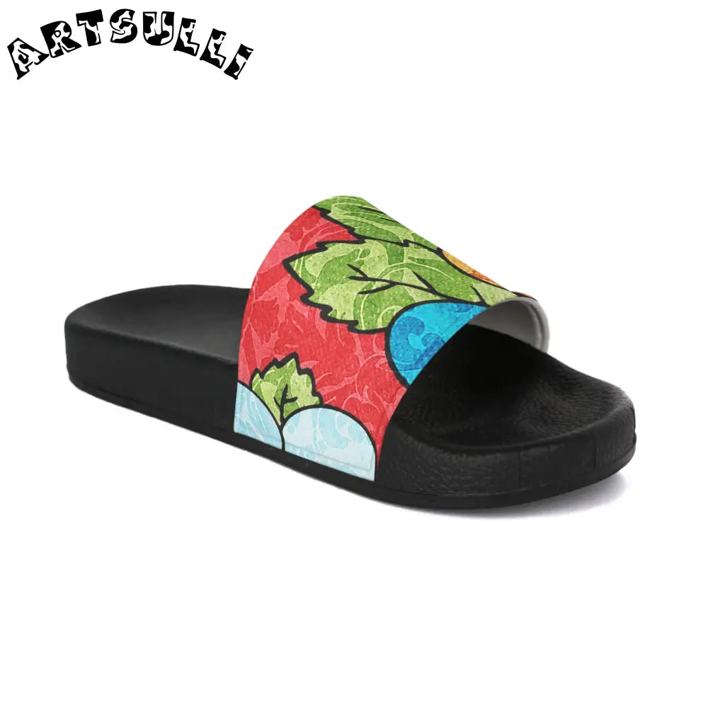 Groovy Red Floral Women's Slide Sandals, Artsulli - Art is Long, Life is Short, Shoes, Color, Black sole, Size, US 5, , , 12908164827296089440