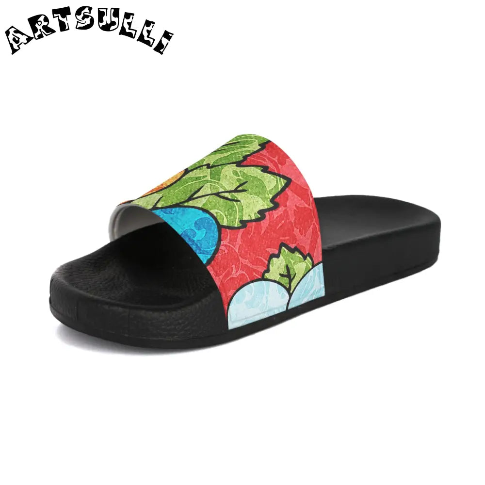 Groovy Red Floral Women's Slide Sandals, Artsulli - Art is Long, Life is Short, Shoes, , , , , , , 