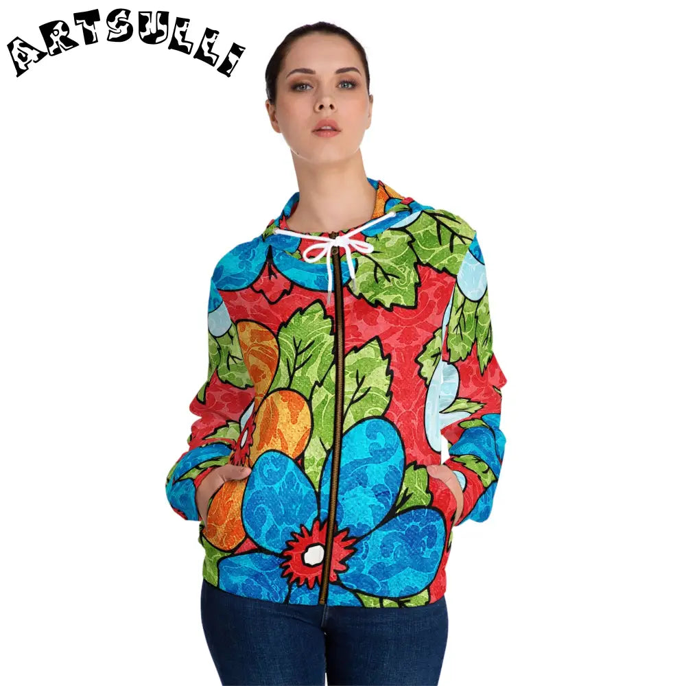 Groovy Red Floral Zip Hoodie, Artsulli - Art is Long, Life is Short, All Over Prints, , , , , , , 