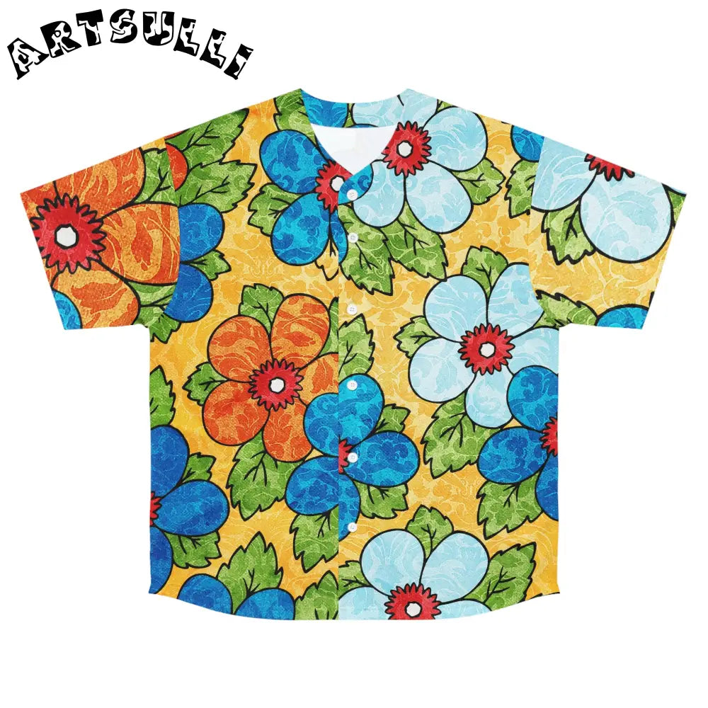 Groovy Yellow Floral Baseball Jersey, Artsulli - Art is Long, Life is Short, All Over Prints, Size, S, Color, Seam thread color automatically matched to design, , , 28933964260279401236