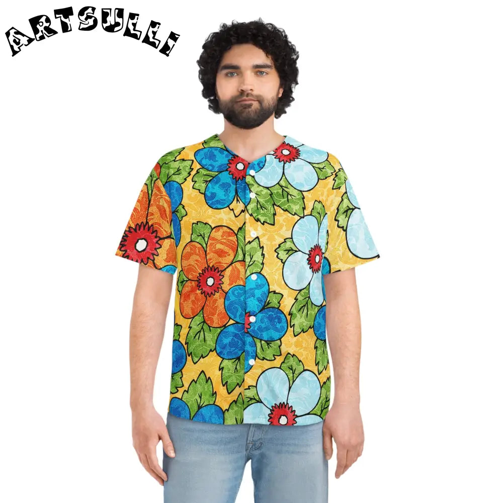 Groovy Yellow Floral Baseball Jersey, Artsulli - Art is Long, Life is Short, All Over Prints, , , , , , , 