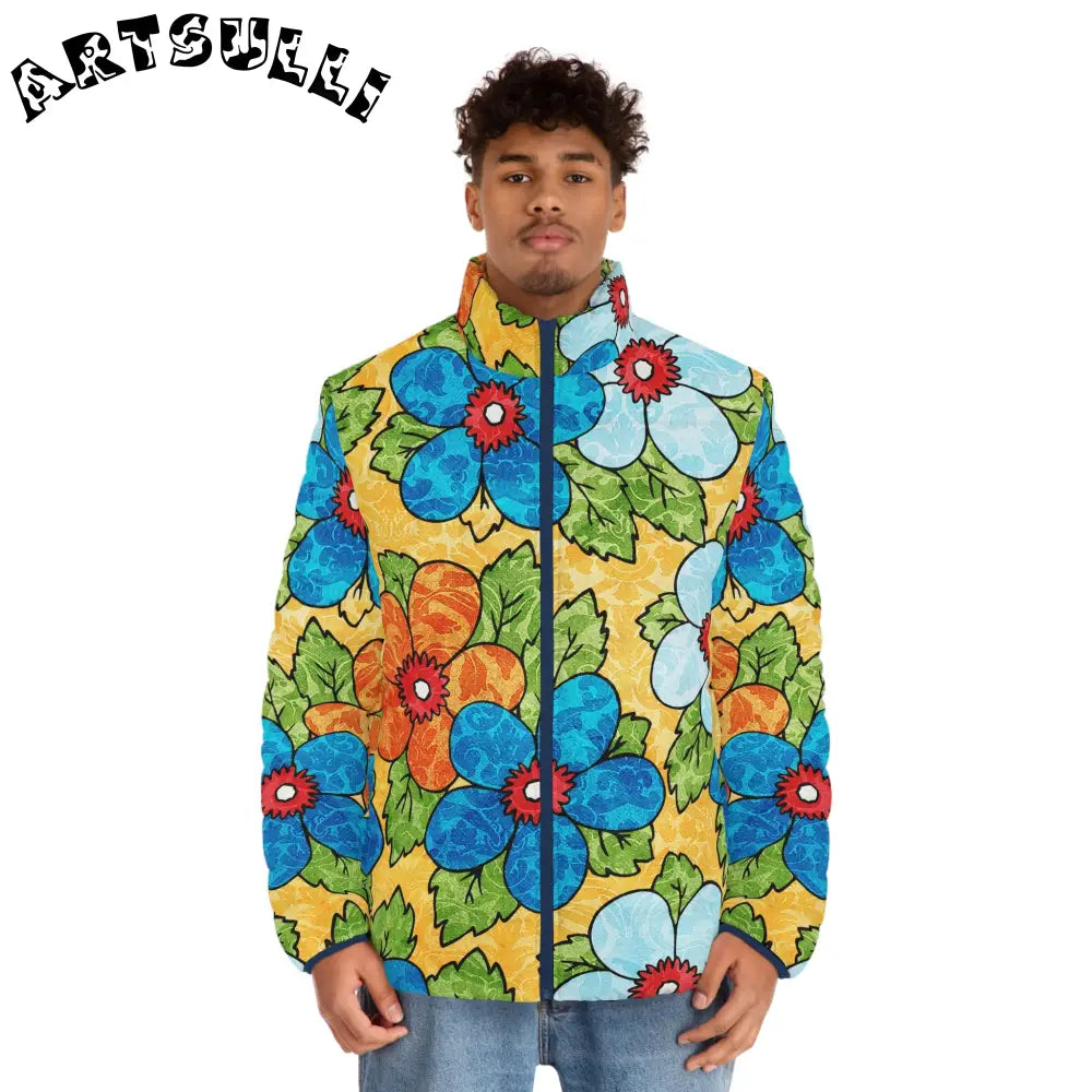 Groovy Yellow Floral Puffer Jacket, Artsulli - Art is Long, Life is Short, All Over Prints, , , , , , , 
