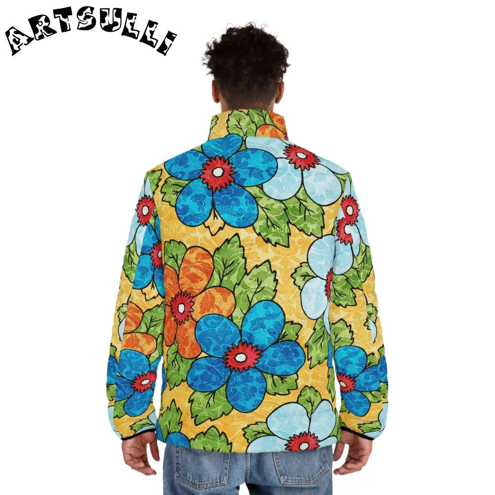 Groovy Yellow Floral Puffer Jacket, Artsulli - Art is Long, Life is Short, All Over Prints, , , , , , , 