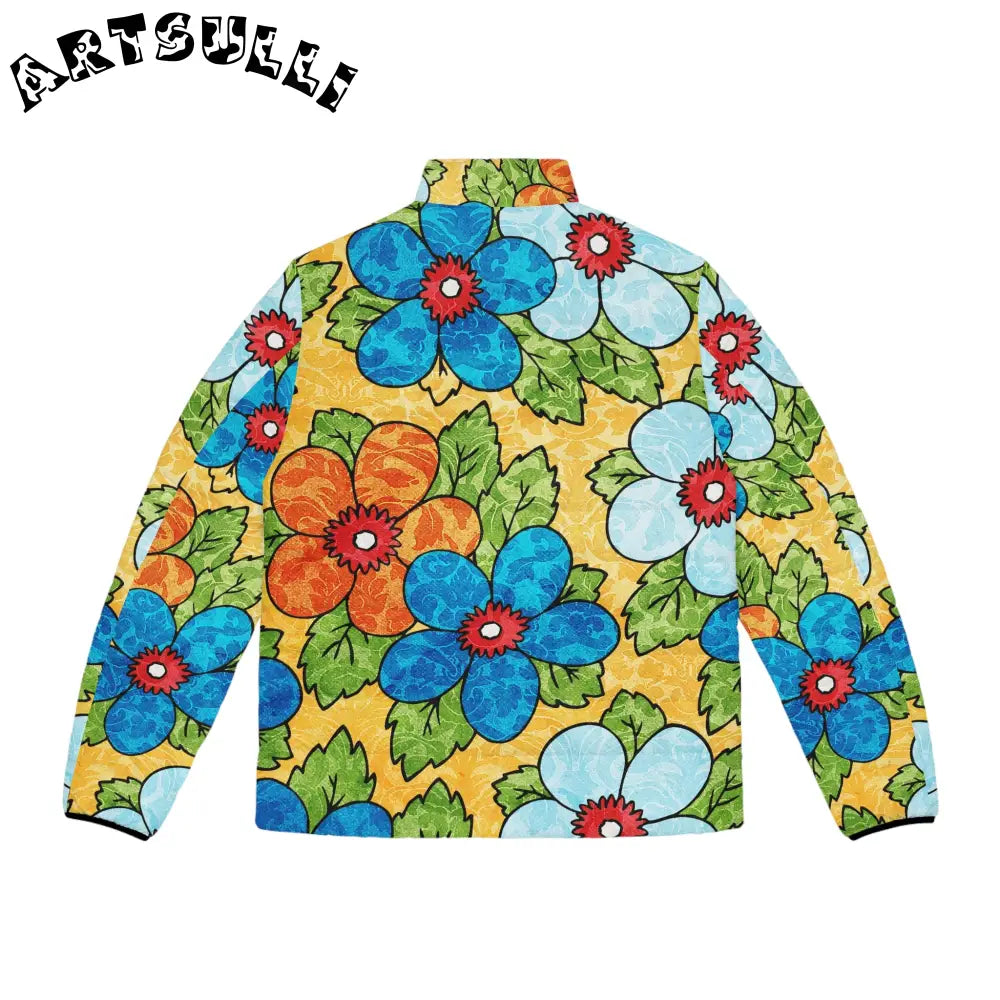 Groovy Yellow Floral Puffer Jacket, Artsulli - Art is Long, Life is Short, All Over Prints, , , , , , , 