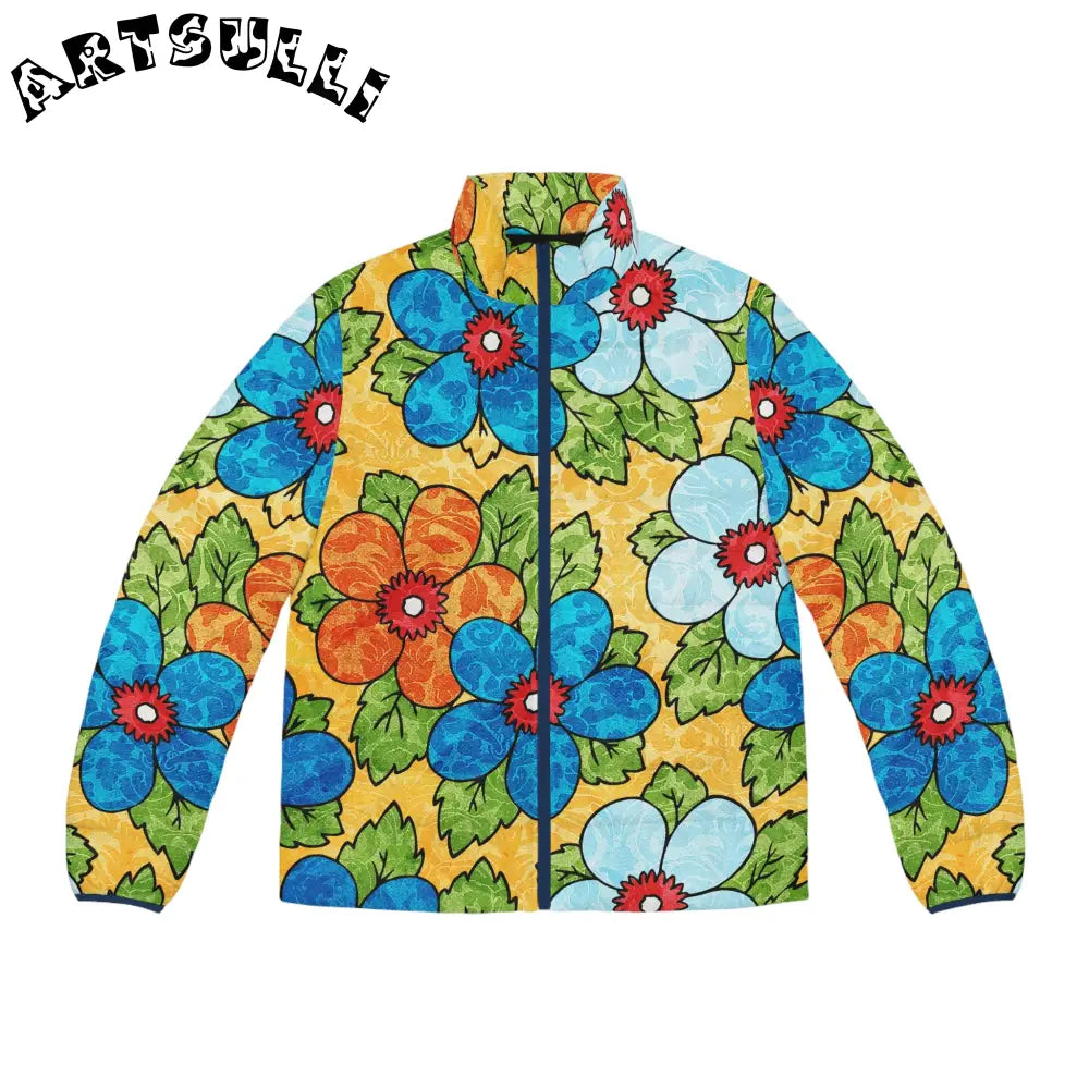 Groovy Yellow Floral Puffer Jacket, Artsulli - Art is Long, Life is Short, All Over Prints, Size, S, Color, Dark blue zipper, , , 28075054717592371535