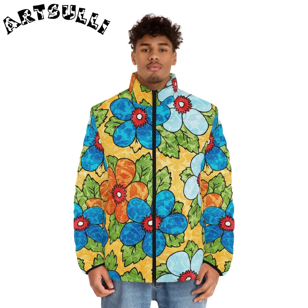 Groovy Yellow Floral Puffer Jacket, Artsulli - Art is Long, Life is Short, All Over Prints, , , , , , , 