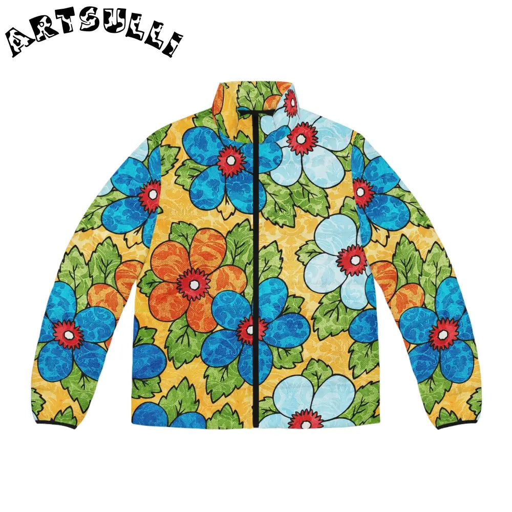 Groovy Yellow Floral Puffer Jacket, Artsulli - Art is Long, Life is Short, All Over Prints, Size, S, Color, Black zipper, , , 42376992113073902161