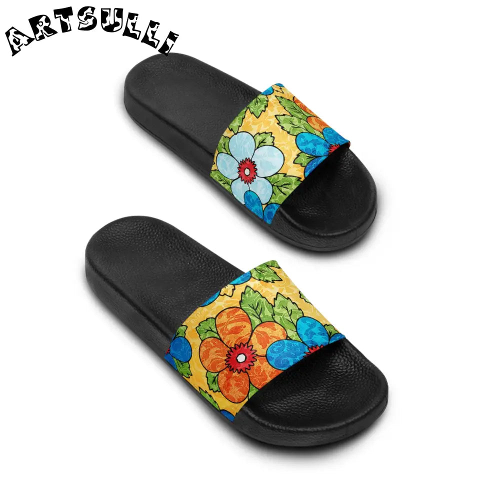 Groovy Yellow Floral Slides with a Custom Touch, Artsulli - Art is Long, Life is Short, Shoes, , , , , , , 