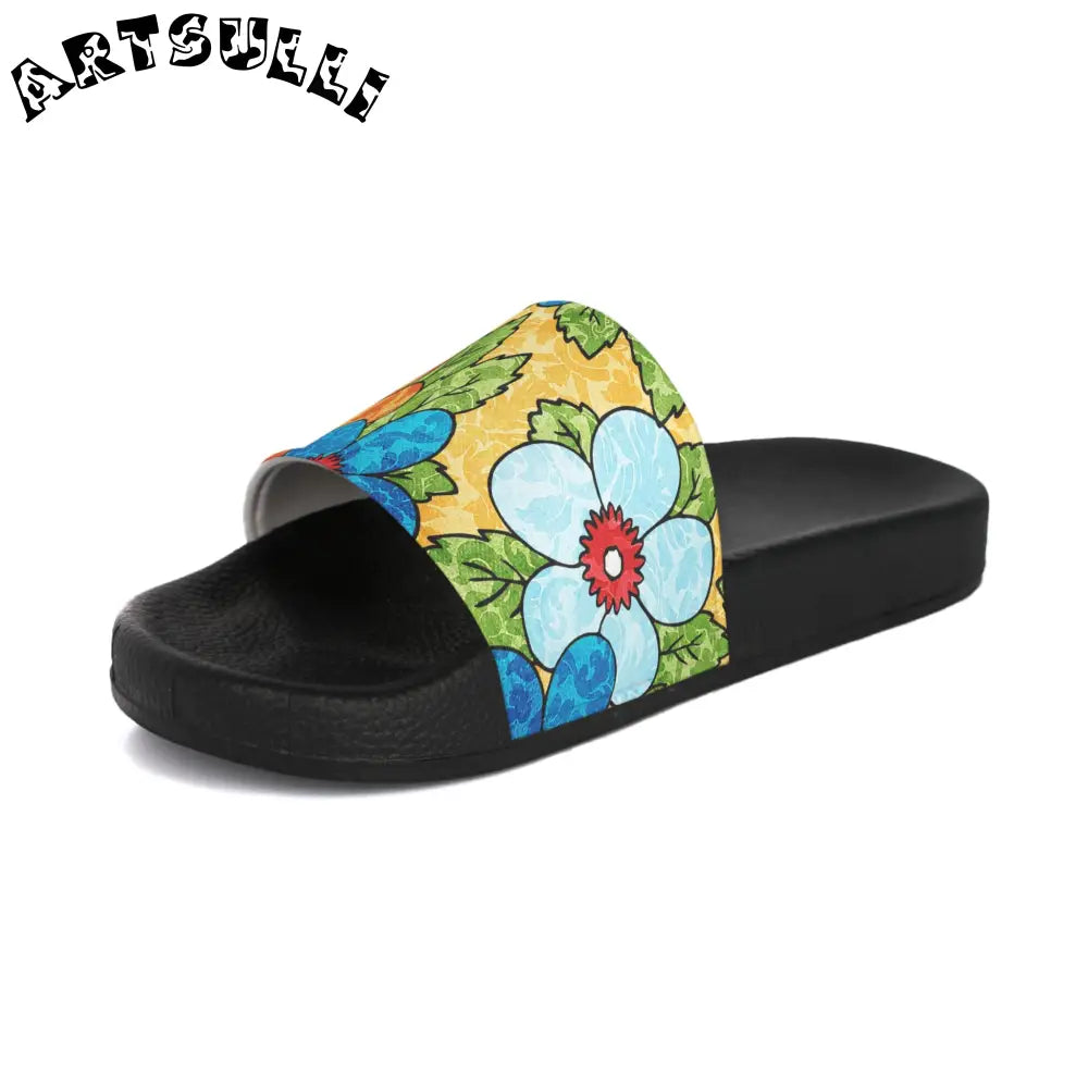 Groovy Yellow Floral Slides with a Custom Touch, Artsulli - Art is Long, Life is Short, Shoes, , , , , , , 