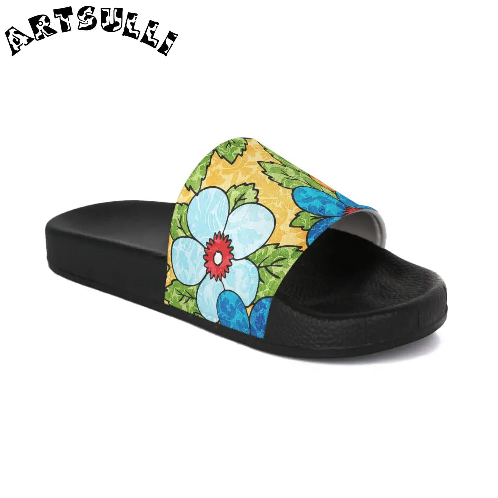 Groovy Yellow Floral Slides with a Custom Touch, Artsulli - Art is Long, Life is Short, Shoes, , , , , , , 