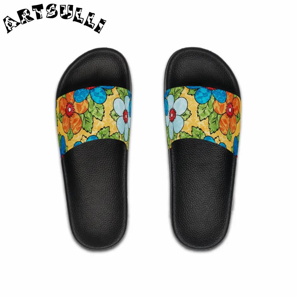Groovy Yellow Floral Slides with a Custom Touch, Artsulli - Art is Long, Life is Short, Shoes, Color, Black sole, Size, US 6, , , 32872235093687948680