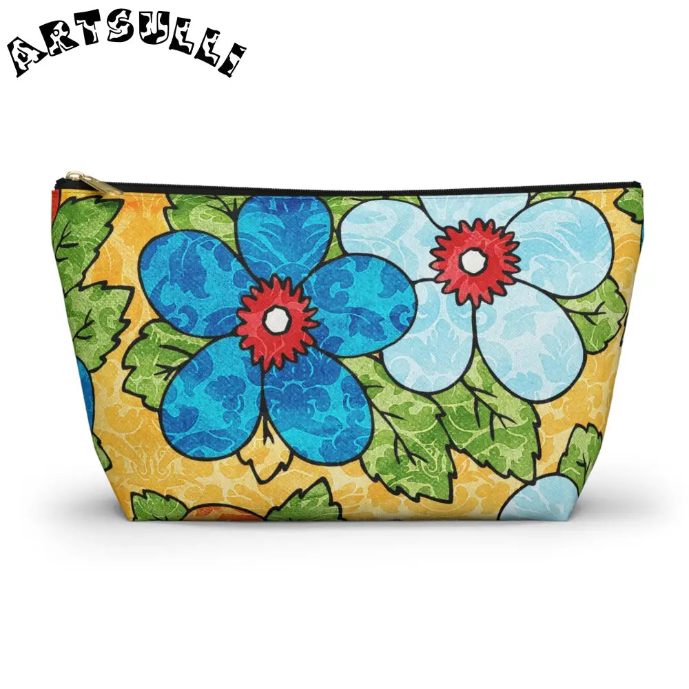 Groovy Yellow Floral T-Bottom Pouches, Artsulli - Art is Long, Life is Short, Bags, Size, Large, Color, Black zipper, , , 20773848442401254600