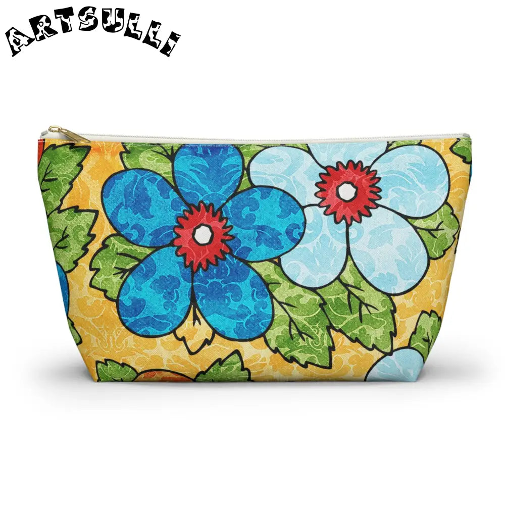 Groovy Yellow Floral T-Bottom Pouches, Artsulli - Art is Long, Life is Short, Bags, Size, Large, Color, White zipper, , , 16402407697424181669