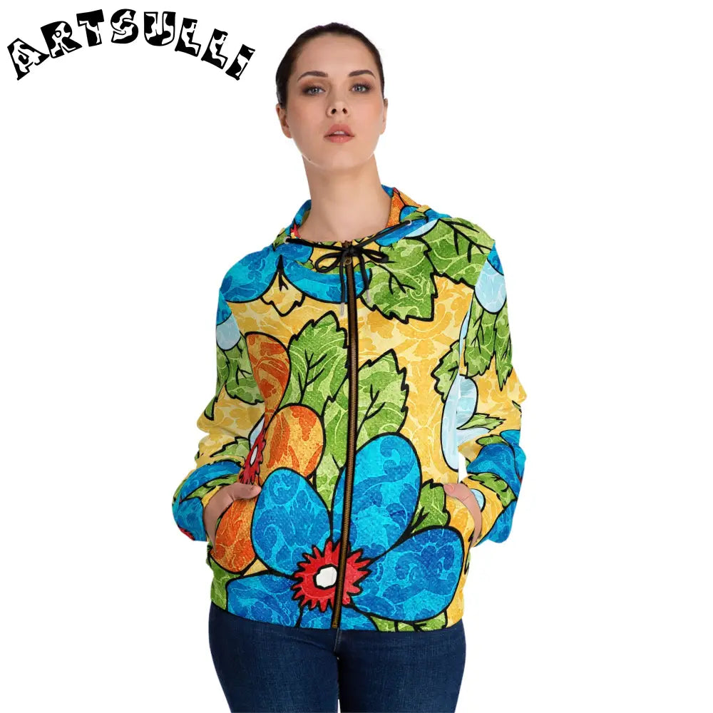 Groovy Yellow Floral Zip Hoodie, Artsulli - Art is Long, Life is Short, All Over Prints, , , , , , , 