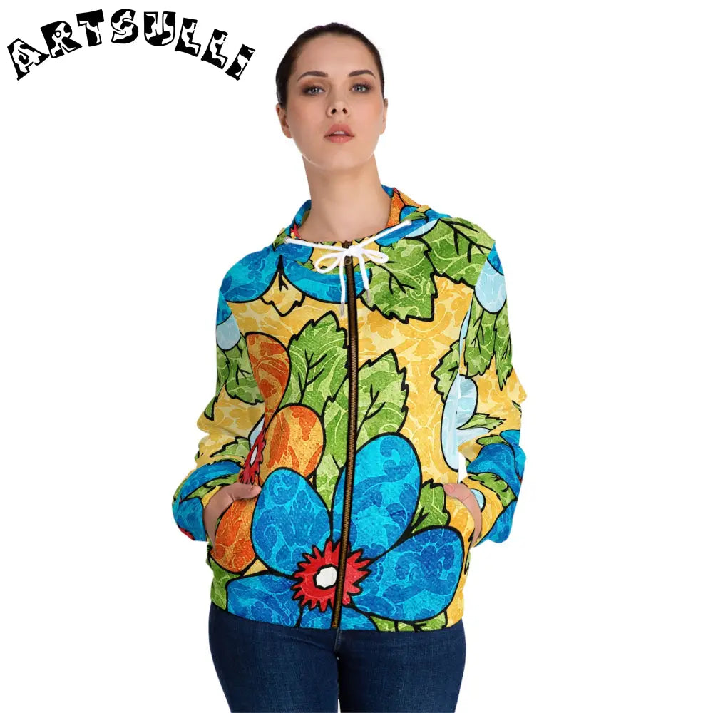 Groovy Yellow Floral Zip Hoodie, Artsulli - Art is Long, Life is Short, All Over Prints, , , , , , , 