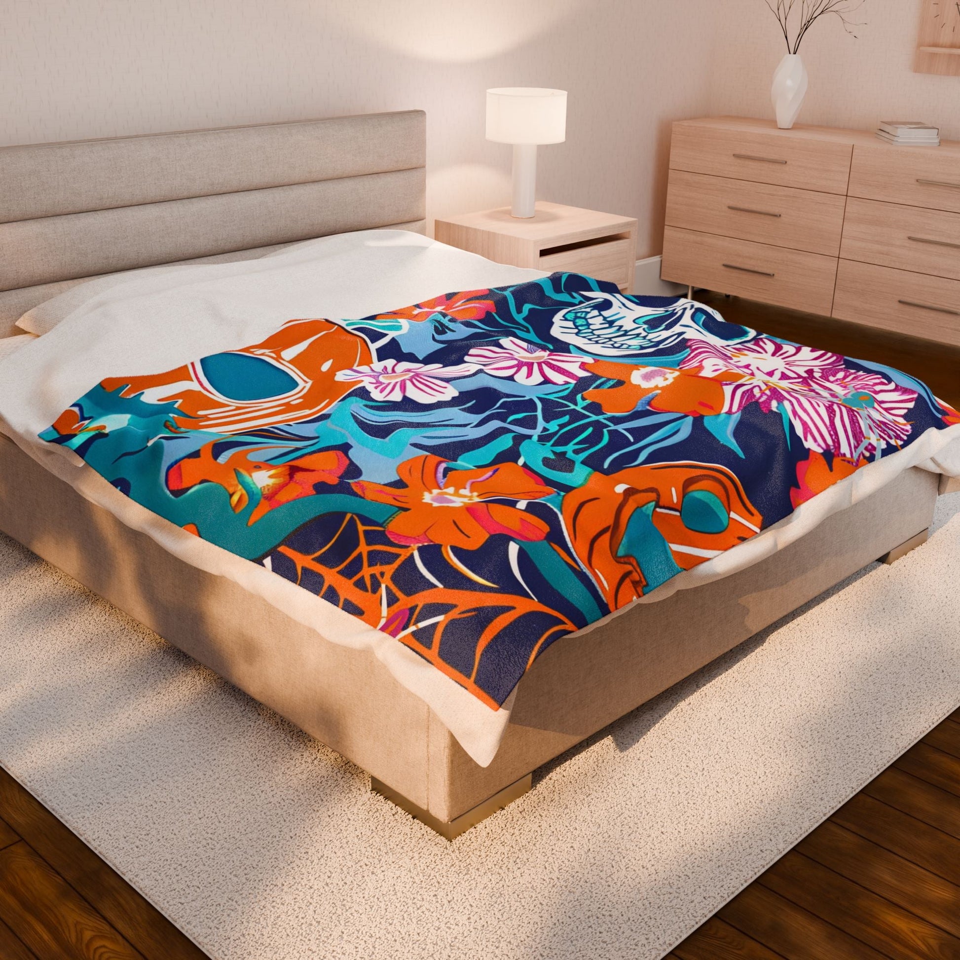 Halloween Floral Skull Velveteen Blanket, Artsulli - Art is Long, Life is Short, All Over Prints, , , , , , , 