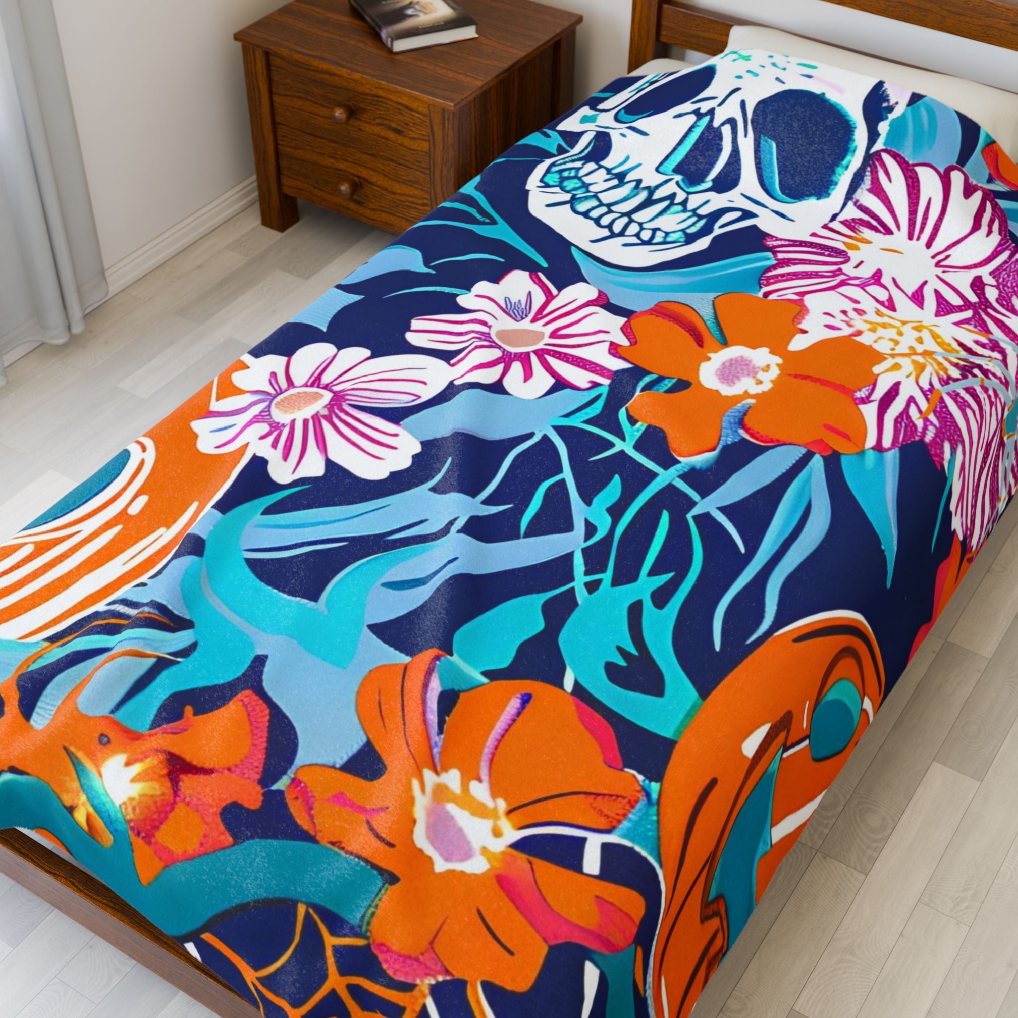 Halloween Floral Skull Velveteen Blanket, Artsulli - Art is Long, Life is Short, All Over Prints, , , , , , , 