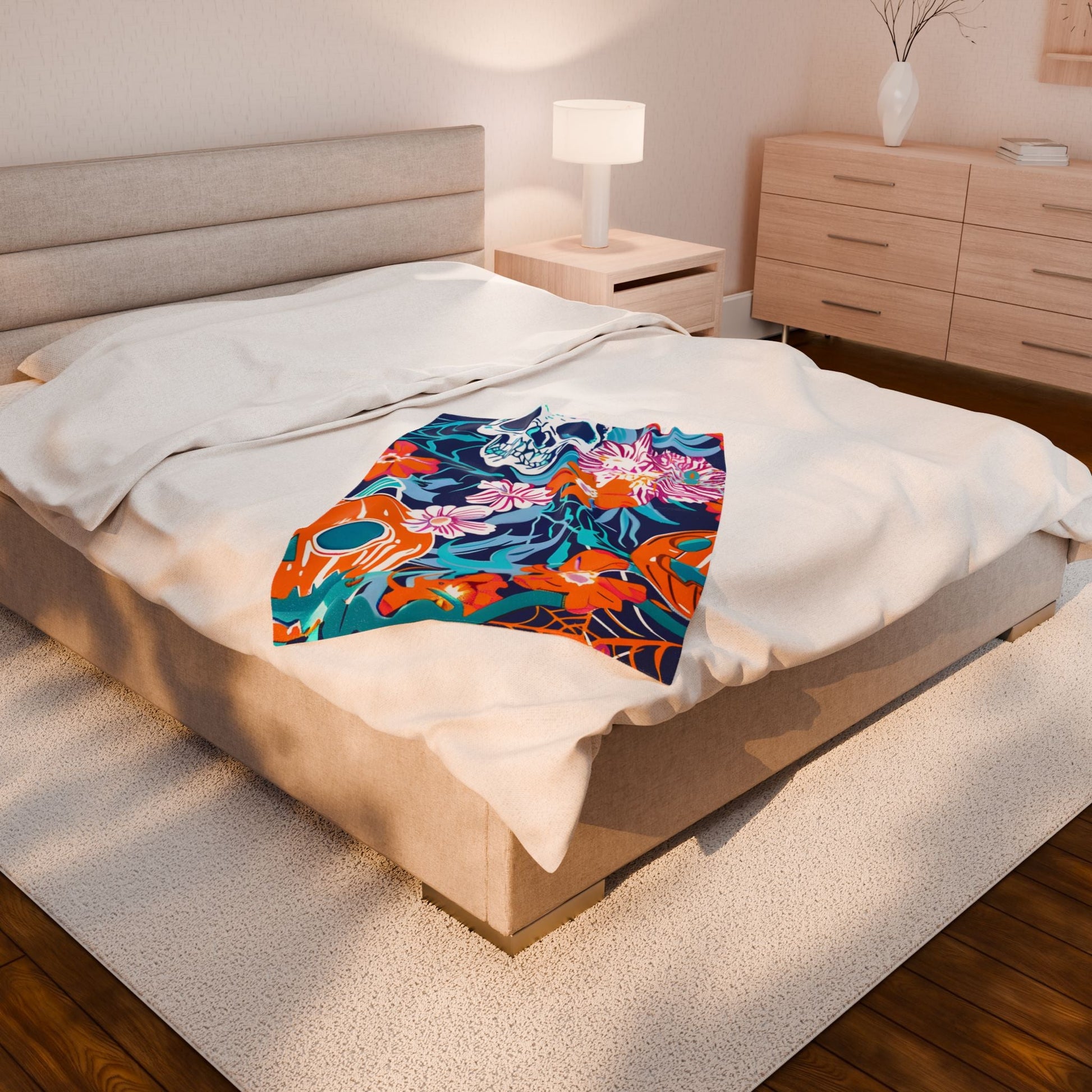 Halloween Floral Skull Velveteen Blanket, Artsulli - Art is Long, Life is Short, All Over Prints, , , , , , , 