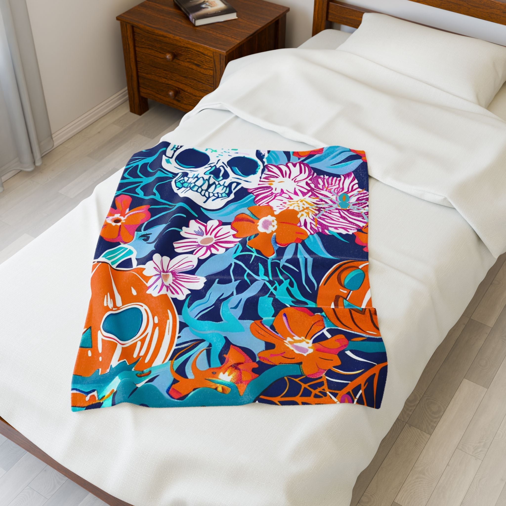 Halloween Floral Skull Velveteen Blanket, Artsulli - Art is Long, Life is Short, All Over Prints, , , , , , , 