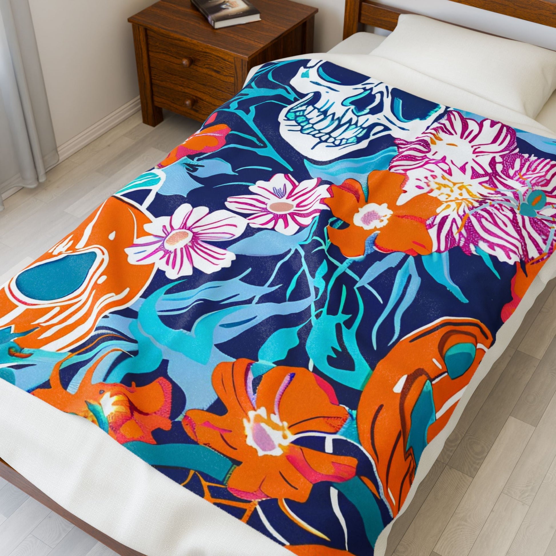 Halloween Floral Skull Velveteen Blanket, Artsulli - Art is Long, Life is Short, All Over Prints, , , , , , , 