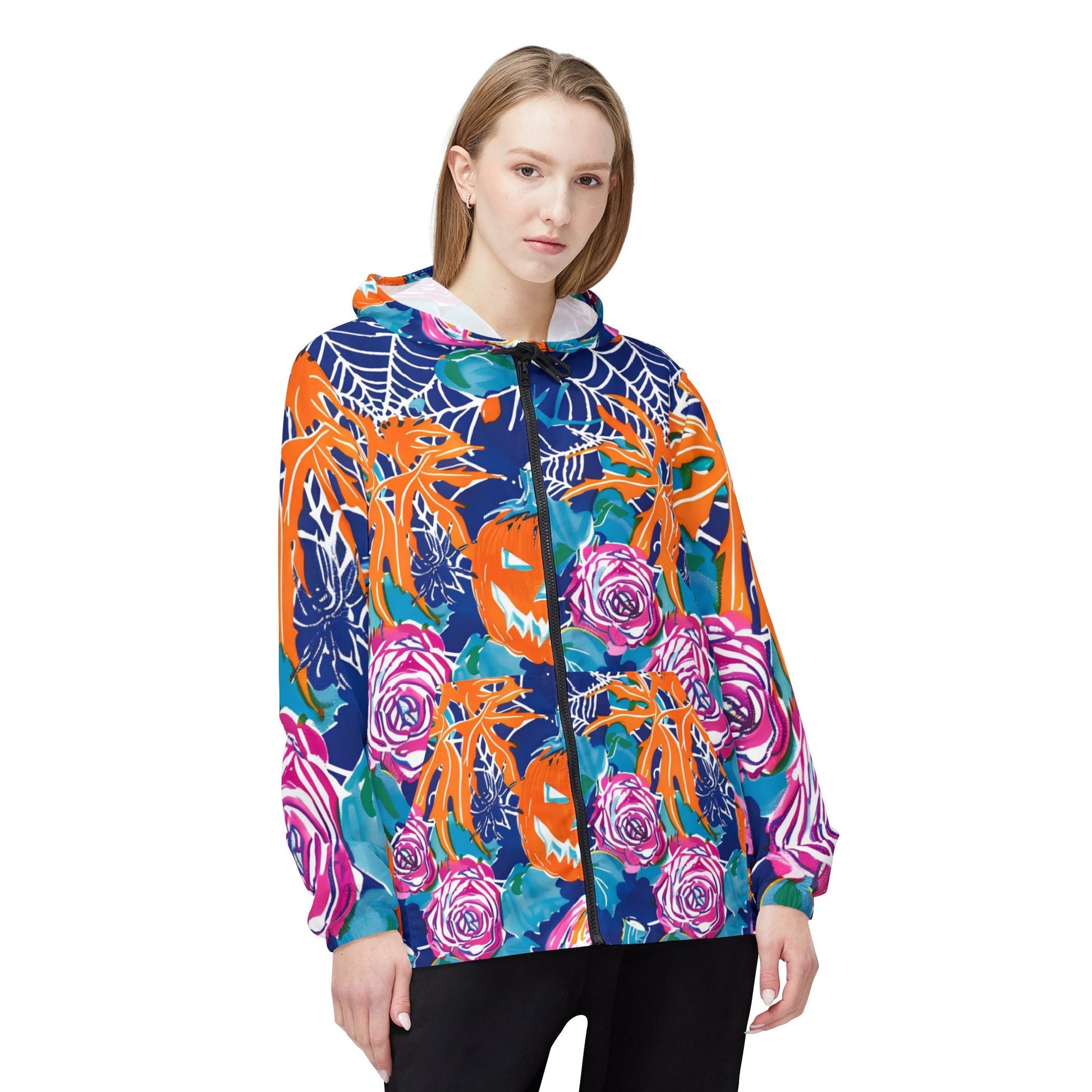 Halloween Pumpkin Rose Windbreaker Jacket, Artsulli - Art is Long, Life is Short, Outerwear, , , , , , , 