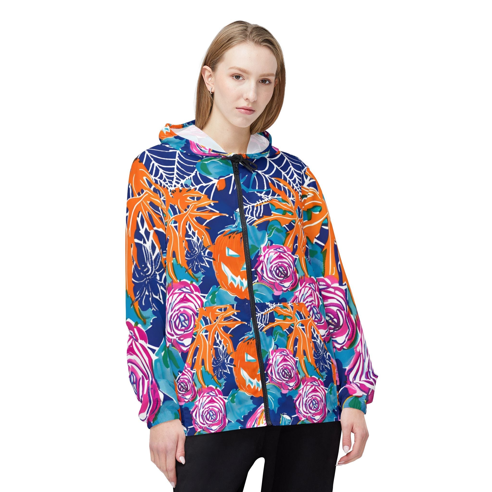 Halloween Pumpkin Rose Windbreaker Jacket, Artsulli - Art is Long, Life is Short, Outerwear, , , , , , , 