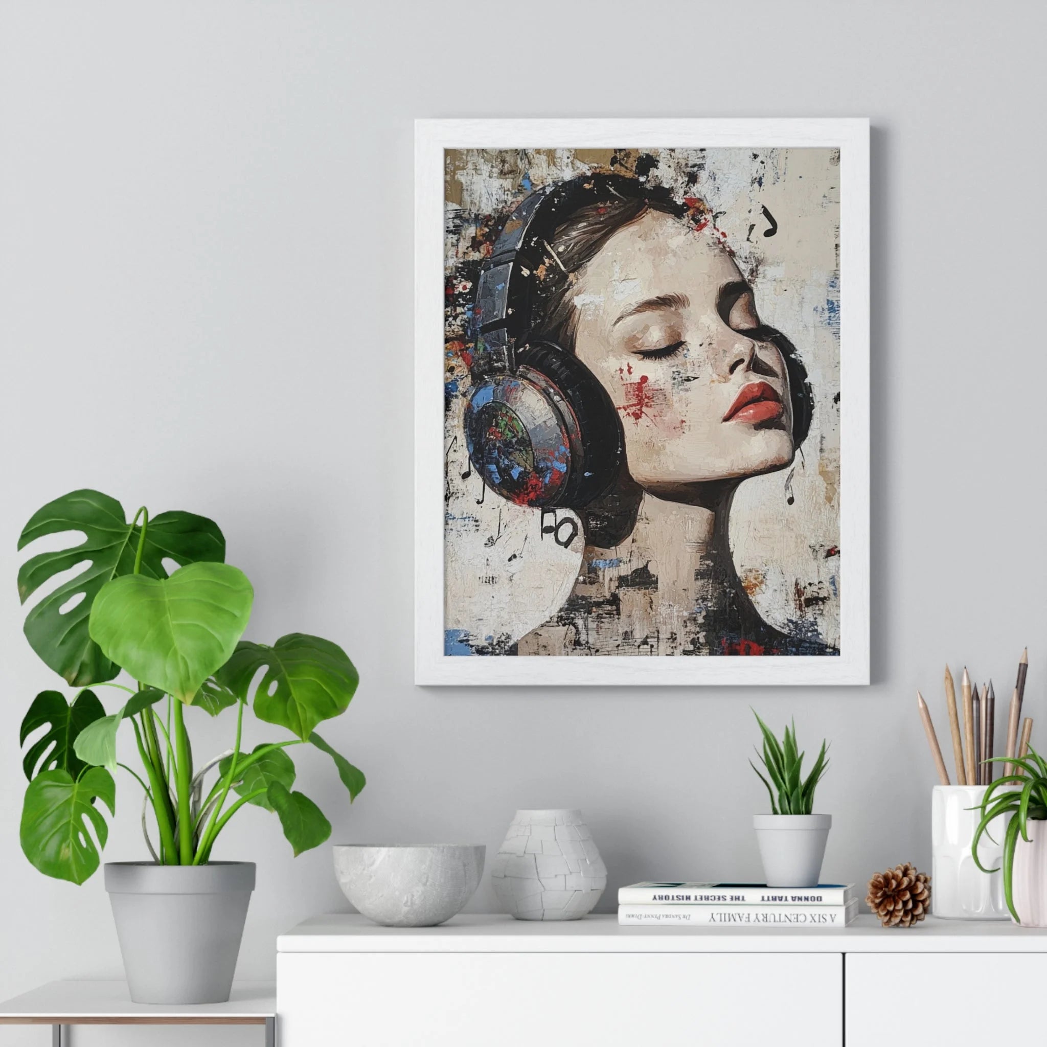 Buy The Best white framed poster woman headphones By Artsulli x Color Printify - Her Abstract Melody Framed Poster - 2025