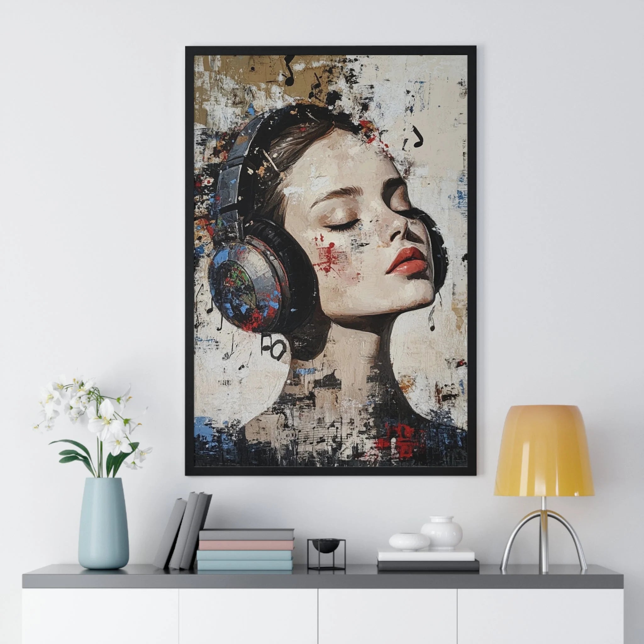 Buy The Best black framed poster woman headphones By Artsulli x Color Printify - Her Abstract Melody Framed Poster - 2025