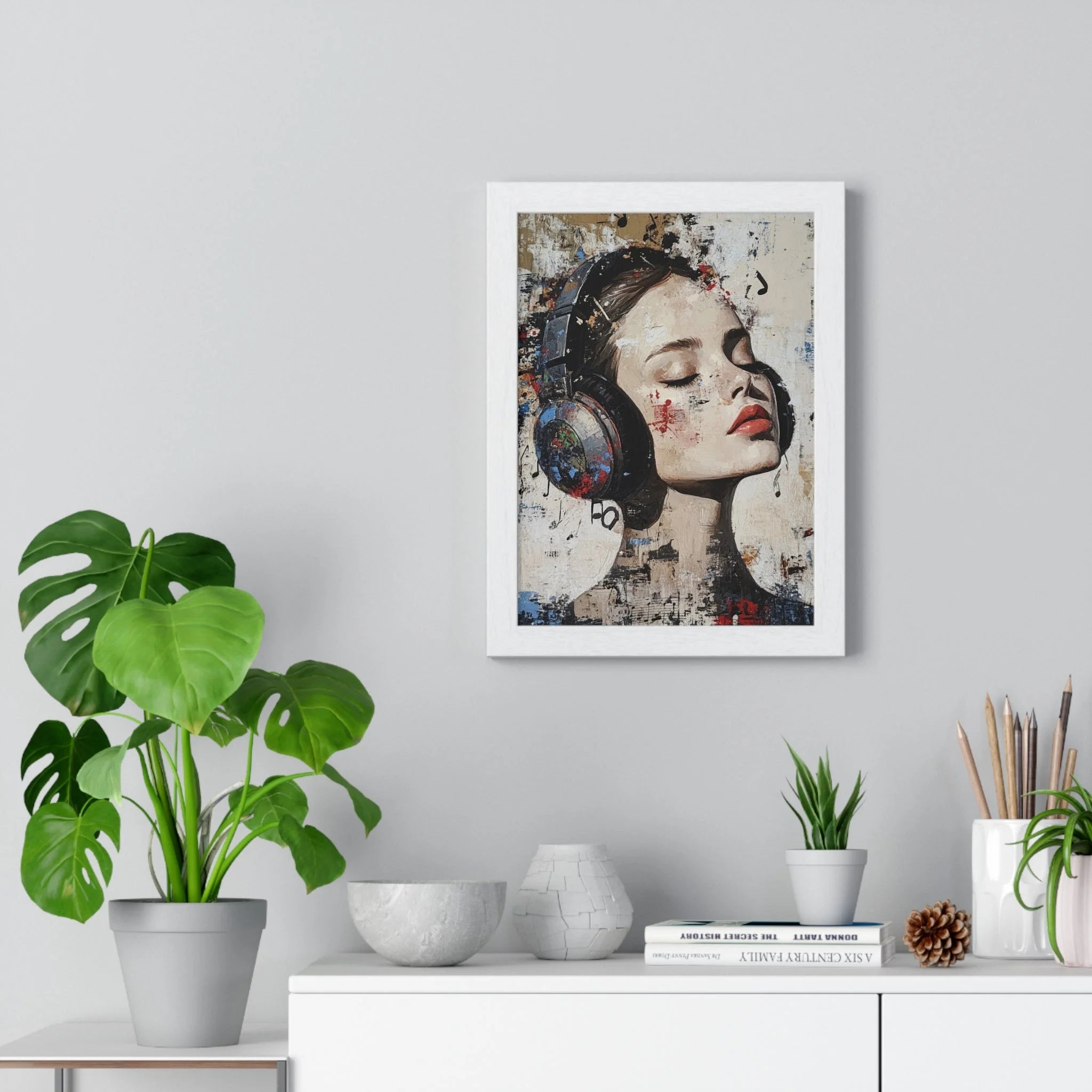 Buy The Best white framed poster woman headphones By Artsulli x Color Printify - Her Abstract Melody Framed Poster - 2025