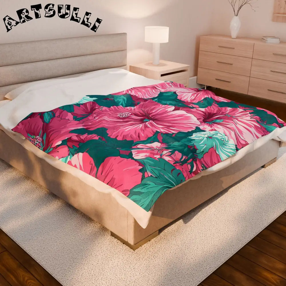 Hibiscus Aloha Velveteen Plush Blanket, Artsulli - Art is Long, Life is Short, All Over Prints, , , , , , , 