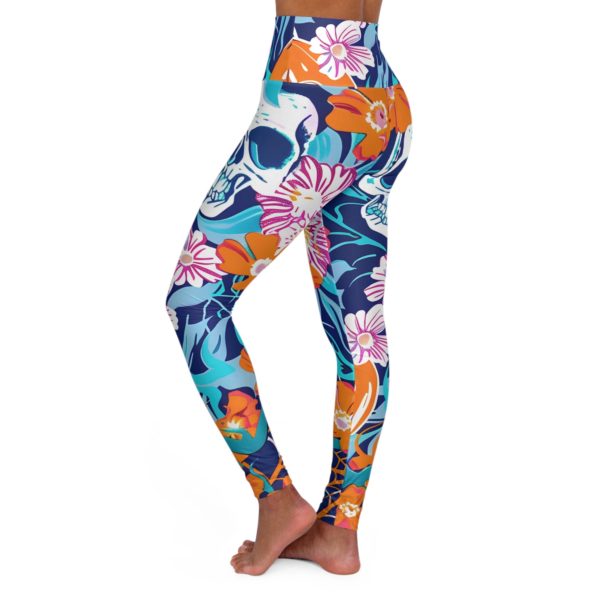 High Waisted Floral Skull Yoga Leggings, Artsulli - Art is Long, Life is Short, All Over Prints, , , , , , , 