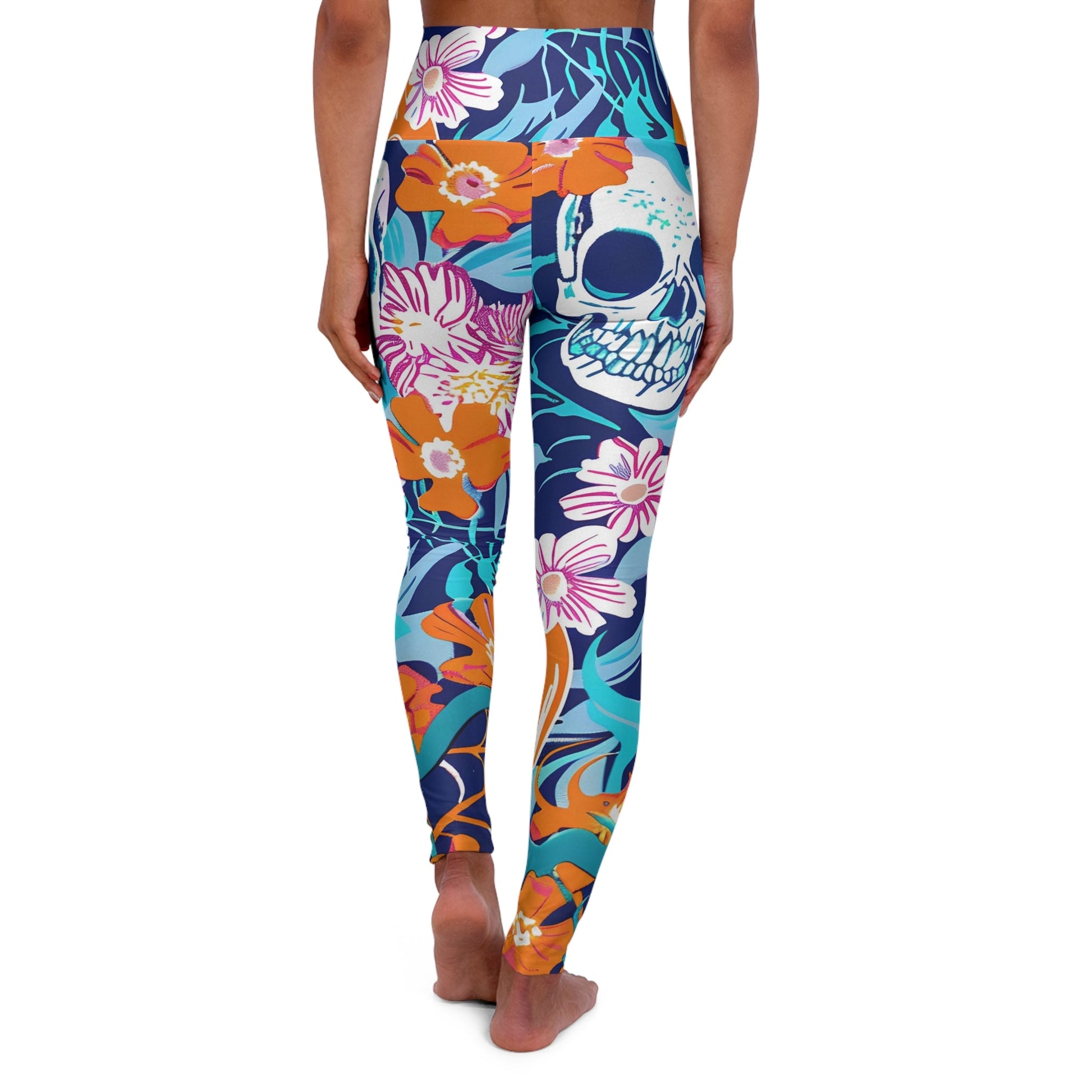 High Waisted Floral Skull Yoga Leggings, Artsulli - Art is Long, Life is Short, All Over Prints, , , , , , , 