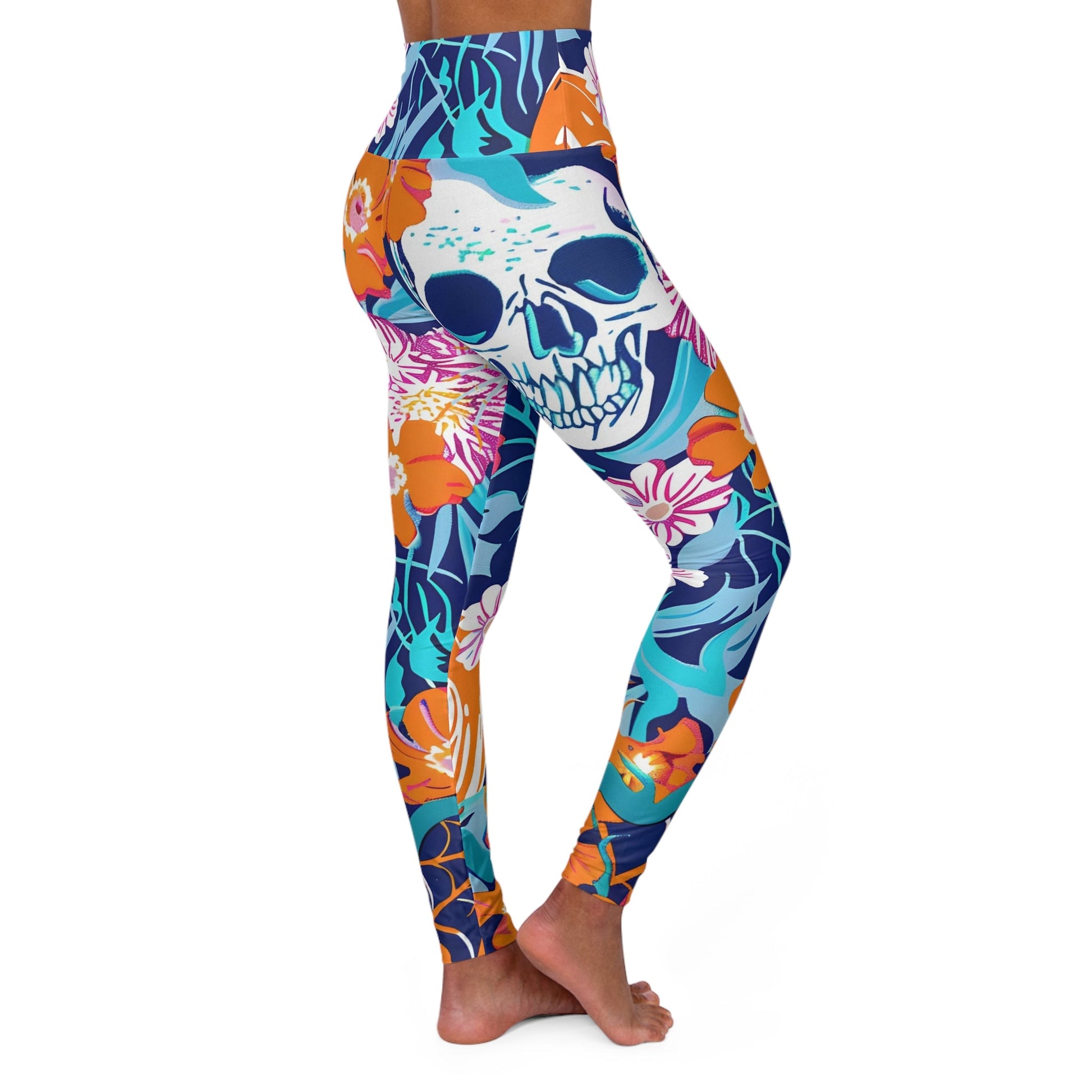 High Waisted Floral Skull Yoga Leggings, Artsulli - Art is Long, Life is Short, All Over Prints, , , , , , , 