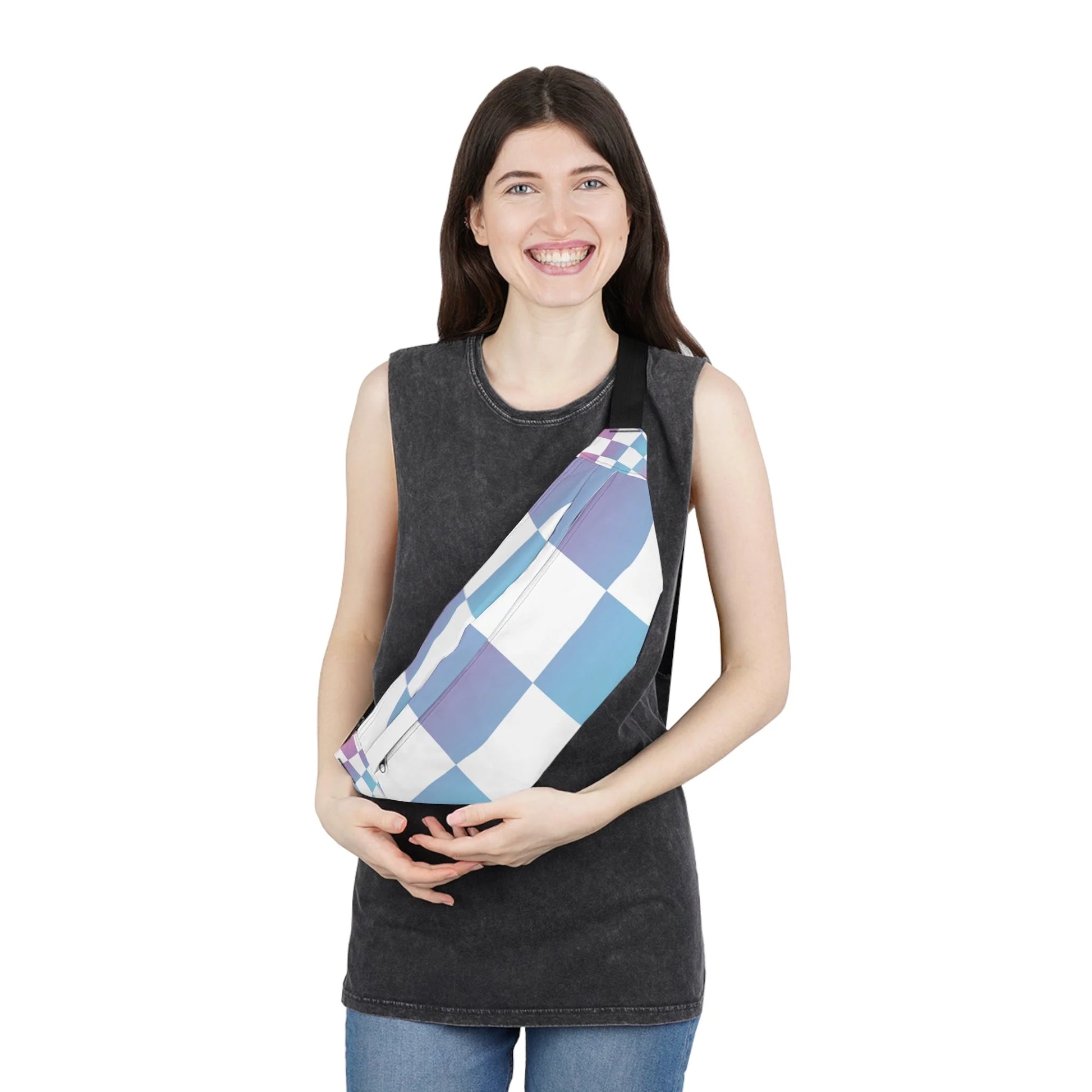 Holographic Checkered Print Fanny Pack, Artsulli - Art is Long, Life is Short, Bags, , , , , , , 