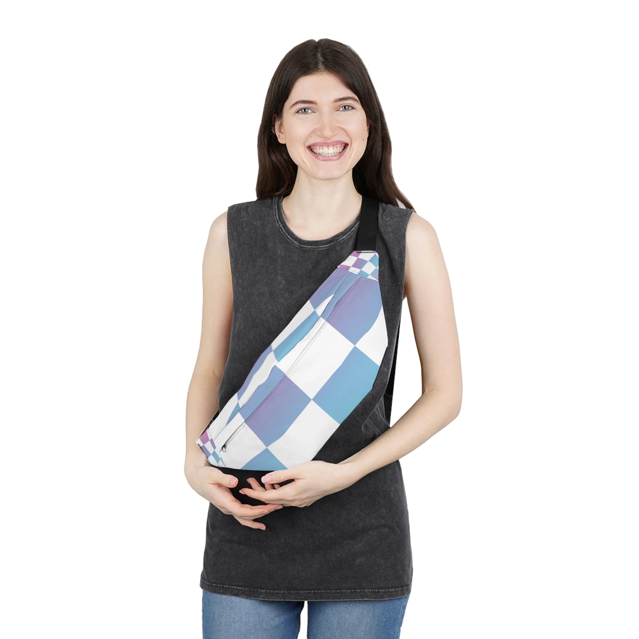 Holographic Checkered Print Fanny Pack, Artsulli - Art is Long, Life is Short, Bags, , , , , , , 
