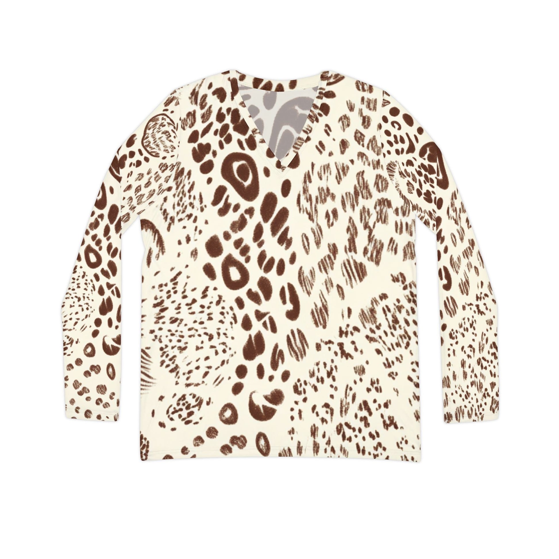 Leopard Print Long Sleeve V-Neck Shirt, Artsulli - Art is Long, Life is Short, All Over Prints, Size, XS, , , , , 19027135126157788983