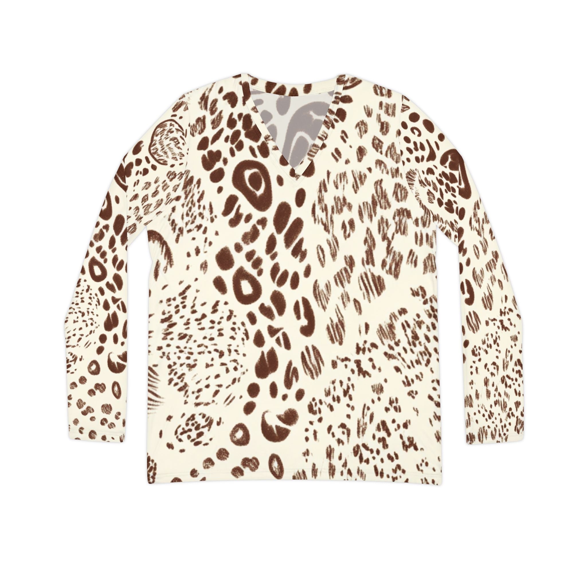 Leopard Print Long Sleeve V-Neck Shirt, Artsulli - Art is Long, Life is Short, All Over Prints, Size, XS, , , , , 19027135126157788983